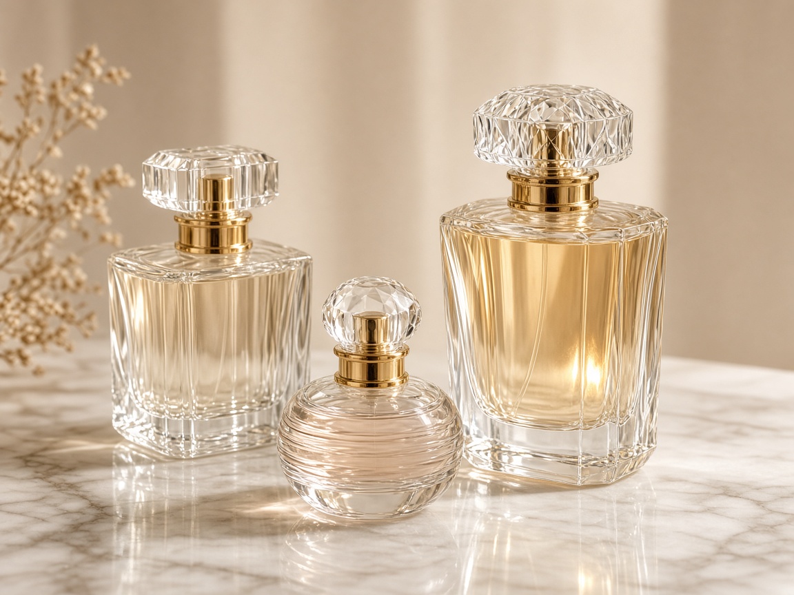 Crystal perfume bottles on marble